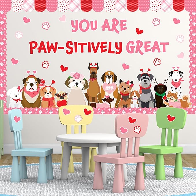 JarThenaAMCS 73Pcs Valentine's Day Pet Dog Bulletin Board Decoration Set Cute Puppy Heart Theme Cutouts for Classroom Wall Decor Wedding Anniversary Supplies
