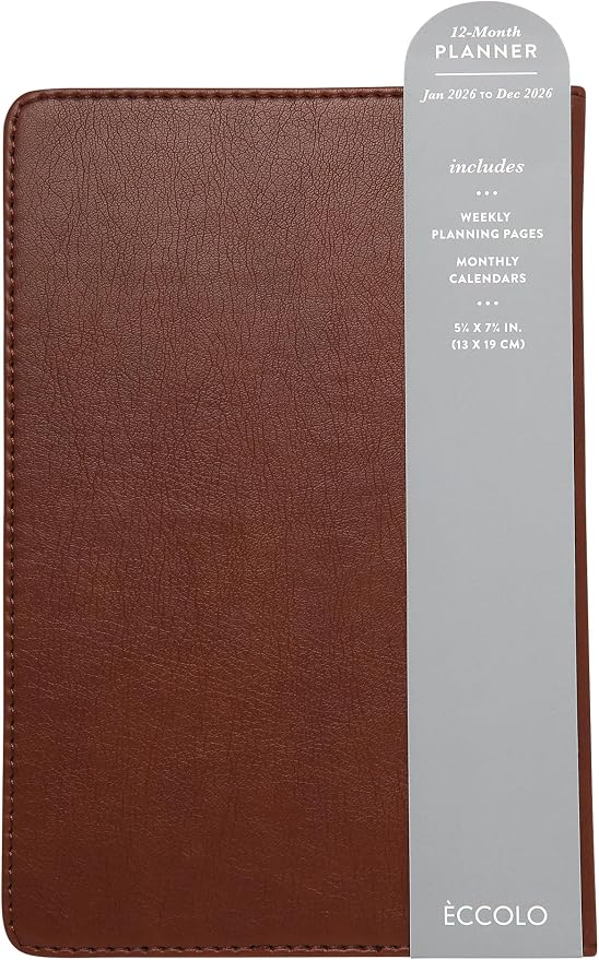 WORLD TRAVELER 2026 Planner - 6x8 Inch Weekly and Monthly Calendar Planner Agenda Book with Bookmark & Ribbon for School and Office, Size 6X8, Bown Leather
