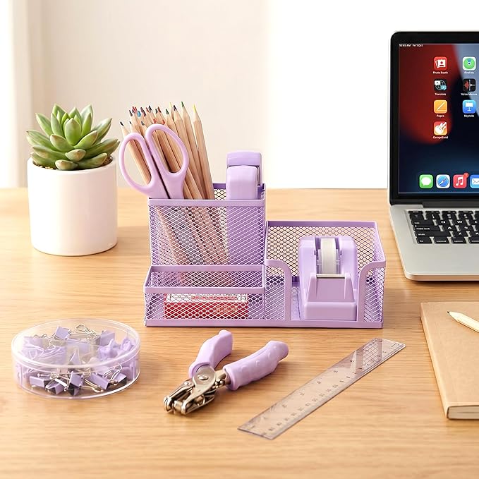 Purple Office Desk Accessories, 9 Pcs Desk Organizers and Accessories with Mesh Pen Holder, Stapler, Tape Dispenser, Hole Punch, Office Supplies Set for Office Home School Women Students Gift