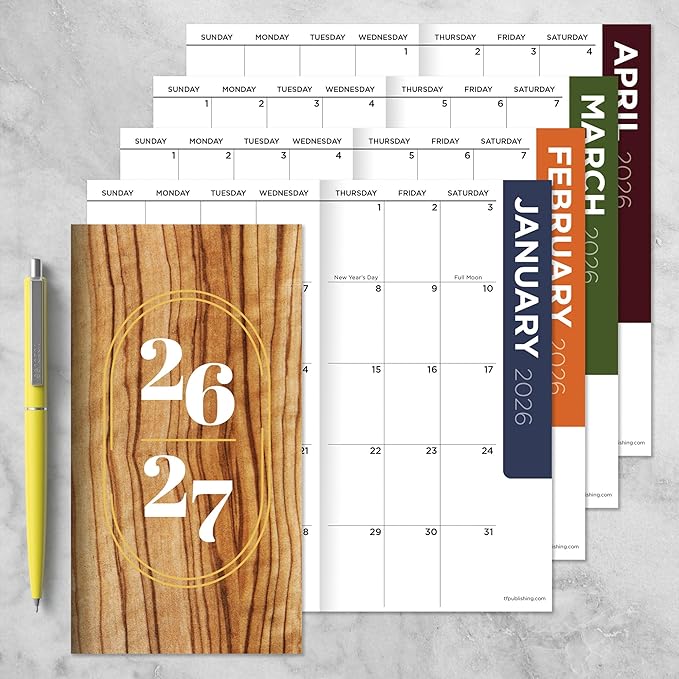 TF Publishing 2026-2027 Classic Oak Small Monthly Pocket Planner with 2 Page Large Calendar Grid and Lined Notes Section - 2 Year Pocket Calendar 2026-2027 Perfect for Purse - 3.5in x 6.5in