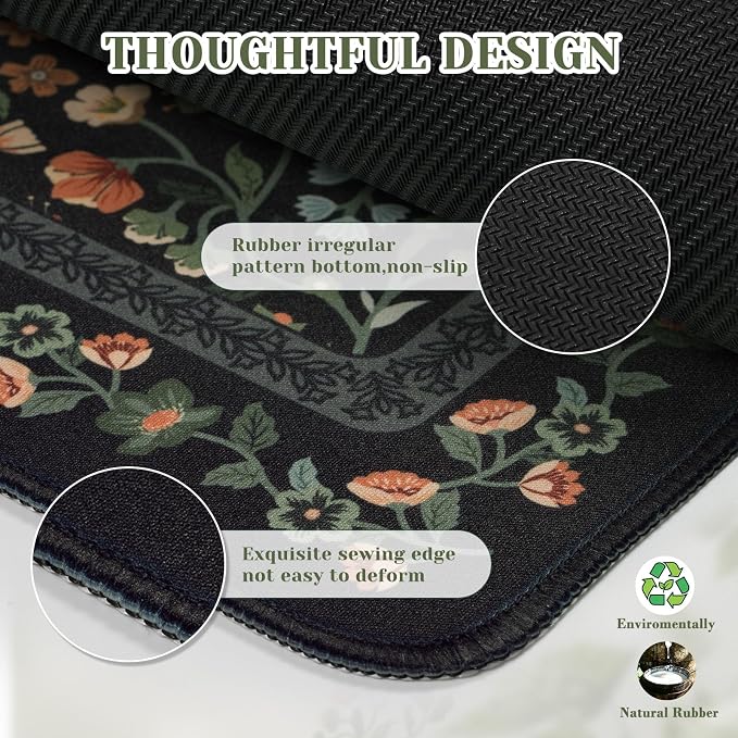 iCasso Aesthetic Floral Desk Mat, L Mouse Pads, Anti-Slip Retro Mousepad with Stitched Edges, Waterproof Computer Pad 11.8"x31.5",Desk Accessories Office Decor for Women(Black)
