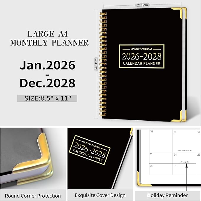2026-2028 Monthly Planner - 3 Year Monthly Planner 2026-2028, Jan. 2026 - Dec. 2028, 8.5" x 11", 36 Months Calendar Planner with Spiral Bound, Notes Pages, Perfect for School & Office for Women & Men - Black