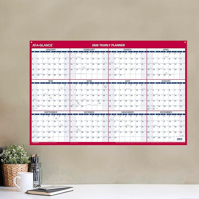 AT-A-GLANCE 2026 Erasable Calendar, Dry Erase Wall Planner, 36" x 24", Large, Vertical-Horizontal, Reversible (PM26B2826)