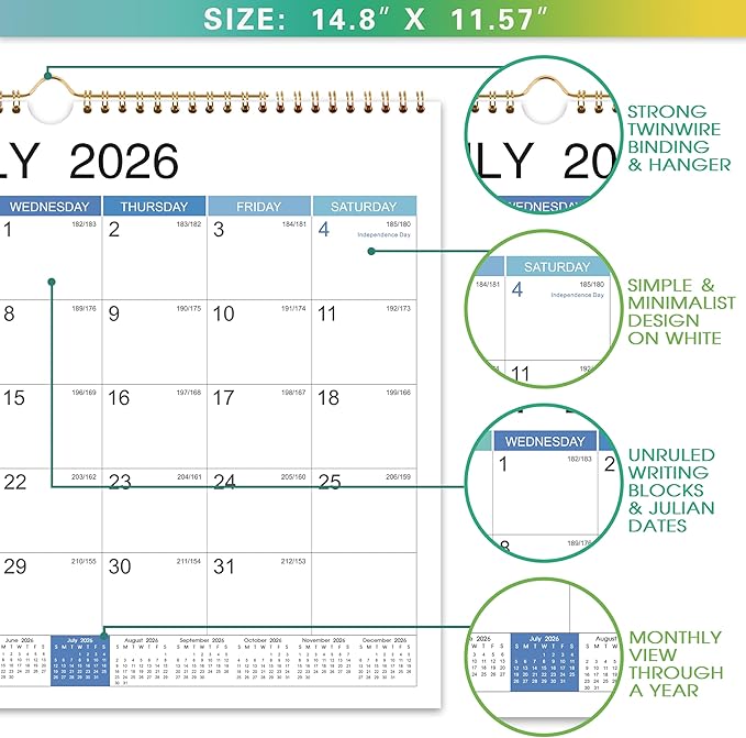 2026-2027 Wall Calendar - Jul 2026 - Dec 2027, 18 Monthly Hanging Calendar 2026-2027 Planner, 15" x 11.5", Spiral Binding, Yearly Overview, Holidays, Large Blocks, Perfect Organizer for Home & Office