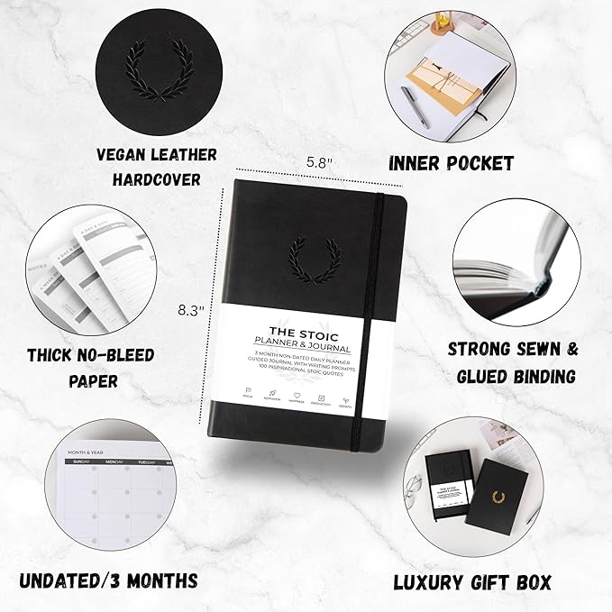 The Stoic Planner & Journal - A 2-in-1 Daily Planner and Guided Journal with Inspiring Writing Prompts - Build Productivity and a Positive Mindset - 3 Months Undated (Black)