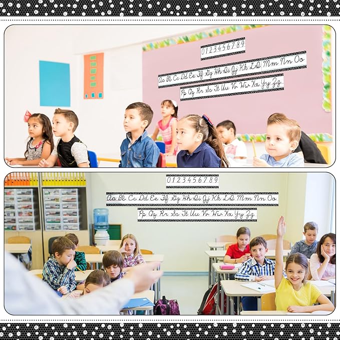 Set of 9 Cursive Writing Bulletin Board Cursive Alphabet Wall Strip for Teacher Supplies, Classroom Teaching Tool, Homeschooling, Kids Education(Black Dot)