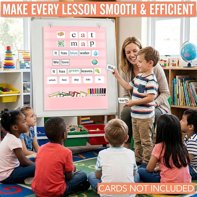 Pocket Chart for Classroom - 7+1 Pink Pocket Chart for Alphabet Learning Word Wall Calendar Daily Schedule Sentence Strips Sticker Display, Teacher Supplies for Preschool Elementary & Home