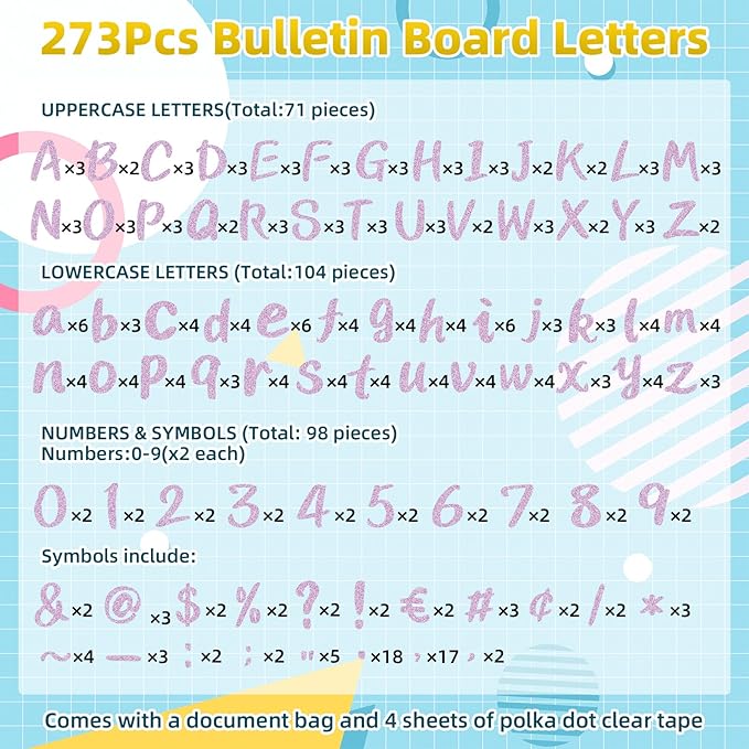 273 Pcs 4 Inch Glitter Bulletin Board Letters Set - Poster Board Letter Cutouts with Alphabet, Symbols, Numbers, Storage Bag - Classroom Decor, DIY Projects, Teacher Supplies, Office (Light Pink)
