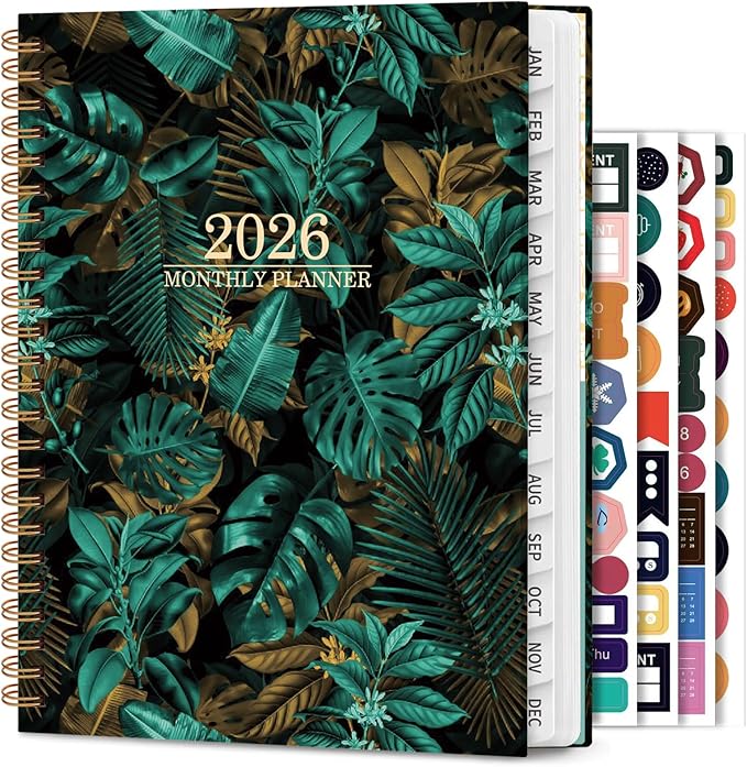 Planner 2026 - Weekly and Monthly Calendar Academic Planner, 2026 Yearly Daily Calendar Planning Agenda Book with Month Tabs, Jan to Dec 2026, With Stickers for Home Office School, 6.5" x 8.5" (Green leaves)