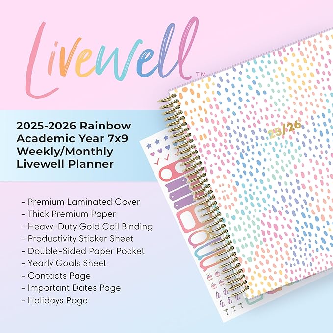 Blue Sky Livewell Weekly and Monthly Academic Year Planner Calendar, July - June, Flexible Cover, Wirebound, Colorful Interior, Laminated Tabs, Storage Pocket, Includes Stickers, Rainbow (Rainbow- 2025/2026, 7" x 9")