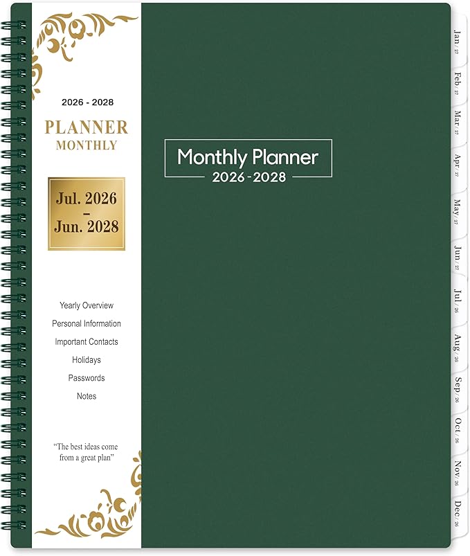 2026-2028 Monthly Planner - 2-Year Monthly Planner from Jul 2026 to Jun 2028, 8.5'' x 11'', 2026-2028 Planners, Inner Pocket, 24 Tabs - Army Green