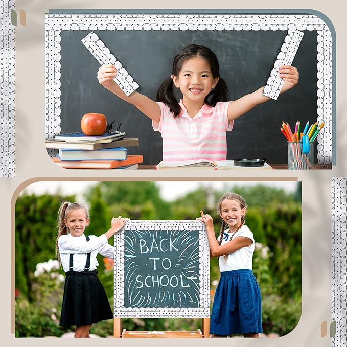 Leinuosen 50.5 ft Bulletin Board Border 44 Pcs Squiggles and Dots Die Cut Border Trims with 20 Sheet Glue Point Dots Bulletin Back to School Decoration for Classroom School Office(White with Black)