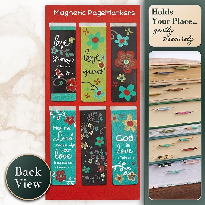 Christian Art Gifts Magnetic Scripture Bookmark Set with Bible Verse: God's Love Never Fails - Inspirational Magnetic Pagemarkers Set of 6 for Bible and Books, Floral Themed Bookmark, Size 2.3" x 0.8"