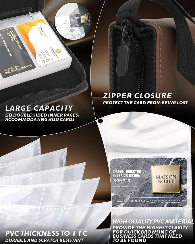 Leather Business Card Book Holder Organizer, Professional Name Card Book Holder with 300 Card Capacity, Portable PU Credit Card Binder File Sleeve Storage for Men Women,50 Pack Sleeves Zipper Closure