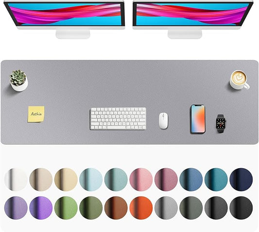 Aothia Faux Leather Desk Mat - Non-Slip PU Leather Desk Blotter, Waterproof Writing Surface, Large Desk Pad for Office & Home (Light Grey, 55" x 17")