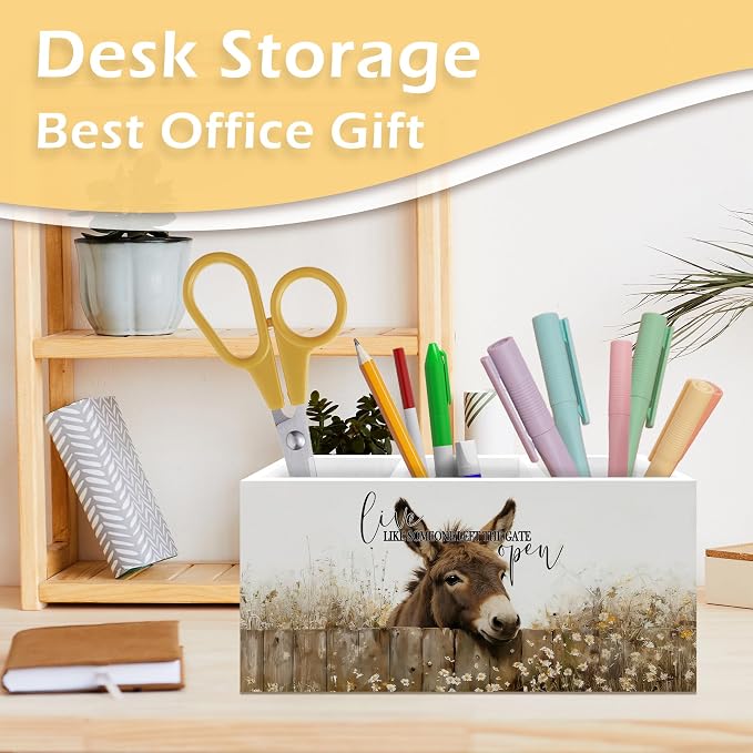Inspirational Donkey Pen Pencil Holder, Donkey Gifts for Women, Live Like Someone Left the Gate Open Wooden Pen Pencil Organizer for Farmhouse Home Office Desk Decor
