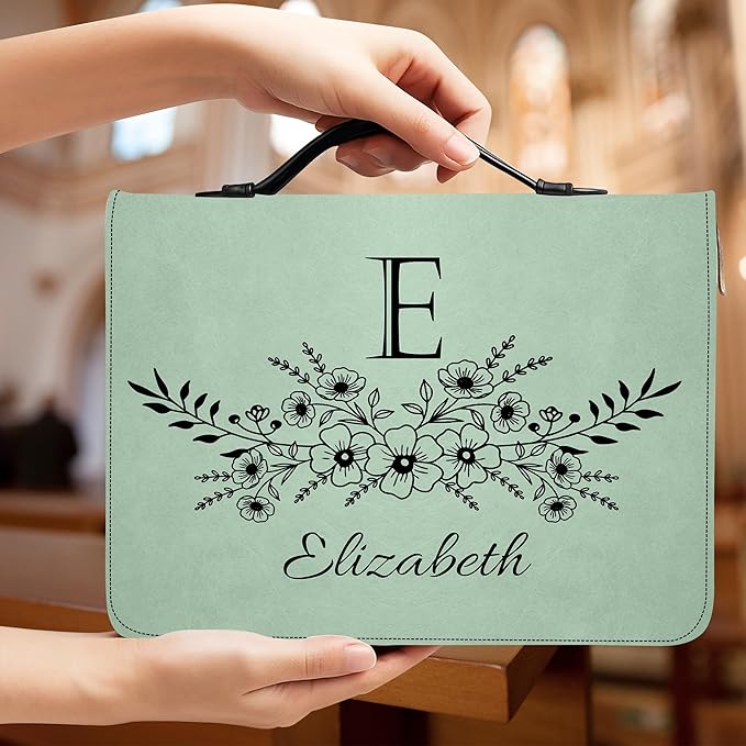 Custom Leather Bible Cover with Name – Personalized Bible Case for Women, Zippered with Handle, Bookmark & Storage Pockets, Christian Gift for Mom, Daughter, Grandma (Name Flowers, M-2XL)