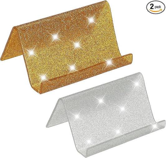 PATIKIL Business Card Holder for Desk, 2Pcs Acrylic Business Card Holders Shine Card Stand Organizer Cards Display for Office Exhibition, Gold/Silver