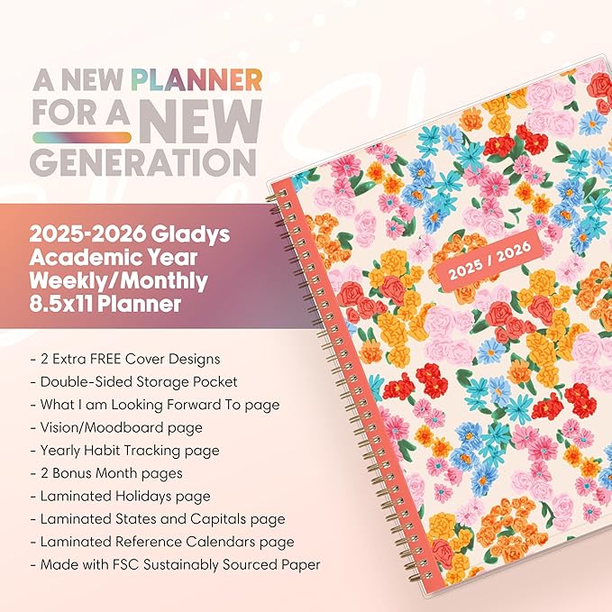 Blue Sky Gen Z 2025-2026 Weekly and Monthly Academic Year Planner Calendar, July 2025 - June 2026, 8.5" x 11", Flexible Interchangeable Cover, Wirebound, Laminated Tabs, Storage Pocket, Gladys