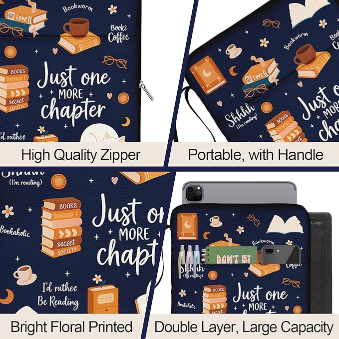 Book Sleeve for Book Lovers,Just One More Chapter Waterproof PU Leather Travel Book Carrying Case,Book Pouch with Zipper,Cute Cat Book Portable Book Protector Cover Bag for Hardcover Paperbacks Gift