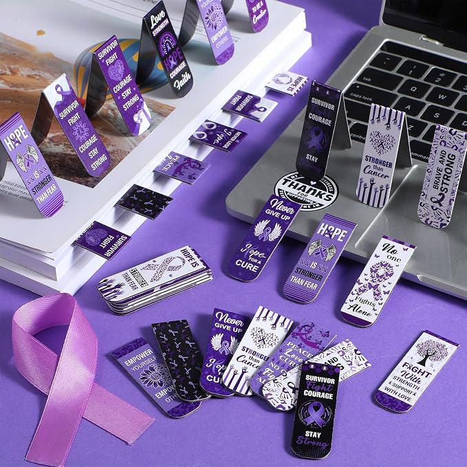 48 Pcs Purple Ribbon Cancer Awareness Magnetic Bookmarks Domestic Violence Pancreatic Cancer Alzheimer's Awareness World Suicide Prevention Book Marks for Society Events Funeral Memorial