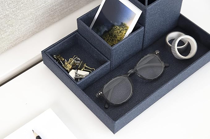 Bigso Box of Sweden Desk Storage Organiser for Stationery - Pen Holder with 4 Compartments for Various Office Items - Fibreboard and Paper Stationery Storage - Blue