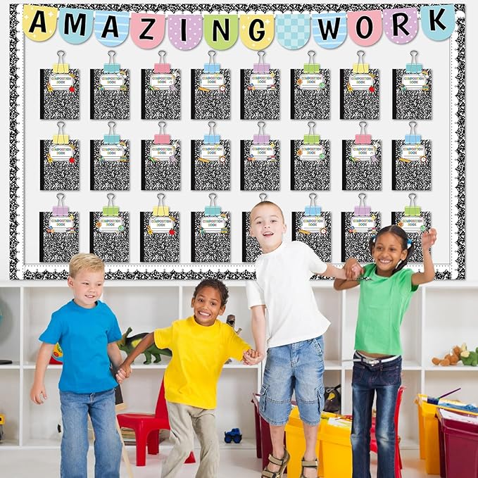 24 Pcs Student Work Display Bulletin Board Composition Notebook Classroom Decoration Inspirational Amazing Work Wall Decor Composition Book Paper Cutouts for Teacher Back to School Chalkboard Supplies