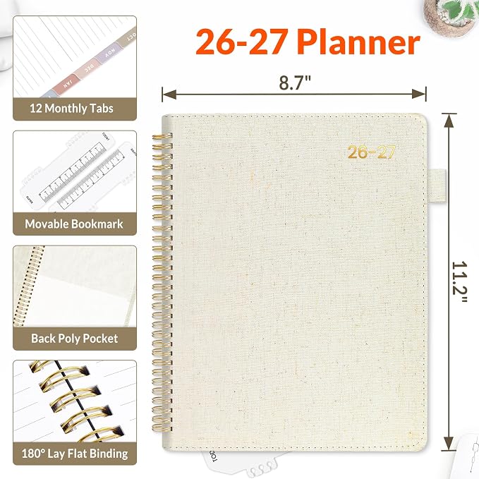 SUNEE 2026-2027 Weekly & Monthly Planner 9"x11.2" - 12 Month (July 2026 - June 2027), Vegan Leather Cover Planner Academic Year Calendar, Pocket, Notes, Monthly Tab, Beige
