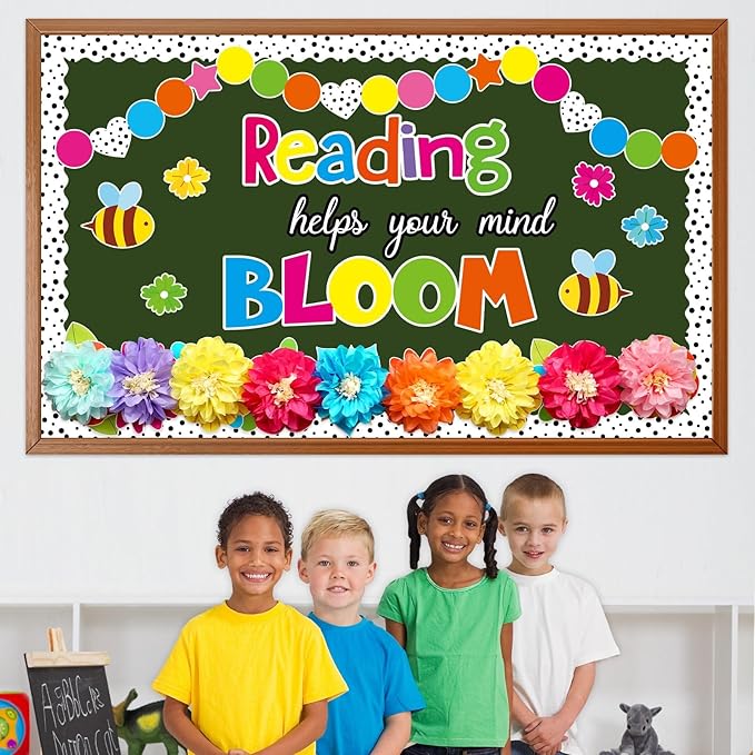 Reading Flower Bulletin Board Decorations with 3D Tissue Paper Flowers Back to School Spring Floral Reading Helps Your Mind Bloom Classroom Decor Bulletin Board Border Cutouts Set School Supplies