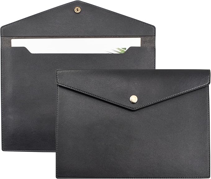 VANRA 1 Piece PU Leather File Folders A4 Document Holder File Envelope Waterproof Portfolio Filing File Organizer for Letter Size with Snap Button Closure, Black