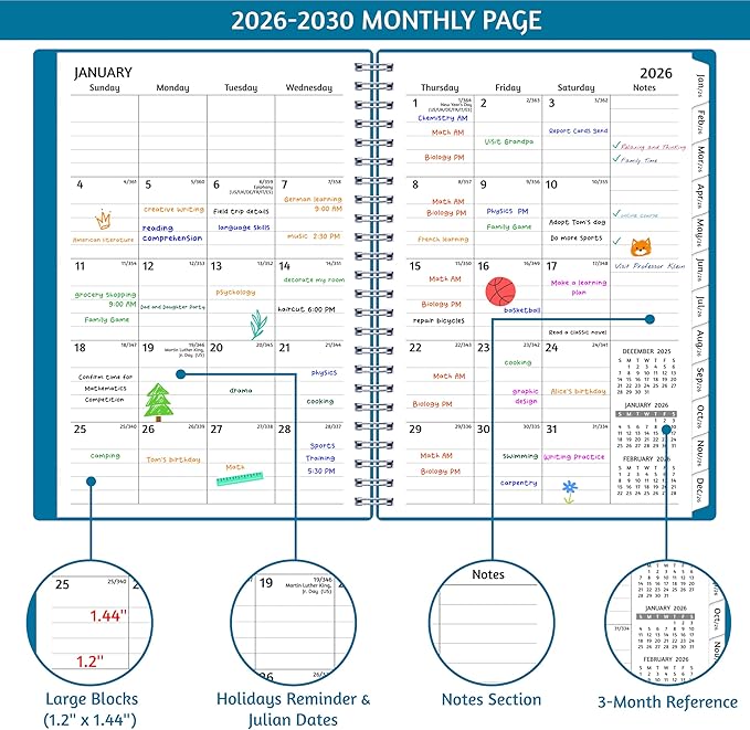 Monthly Planner 2026-2030, 5-Year Calendar Planner 2026-2030, Jan 2026 – Dec 2030, 6.2 x 8.4 In, Ruled Spread, Flexible Cover, Spiral Wirebound, Pocket, 60 Coated Monthly Tabs, Notes ＆ Habit Tracker