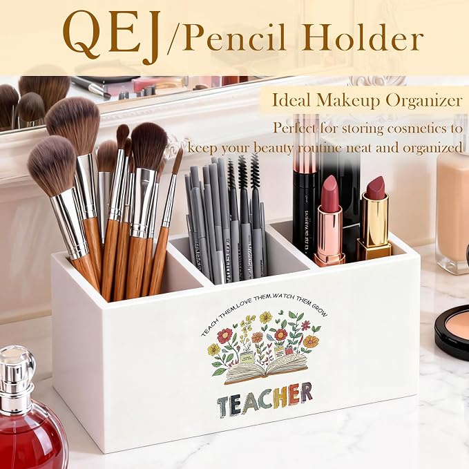 Boho Floral Teacher Pen Holder for Desk, Teacher Appreciation Gifts, Back to School Gifts for Teachers Wooden Box Pencil Pen Organizer for Home Office Desk Tabletop