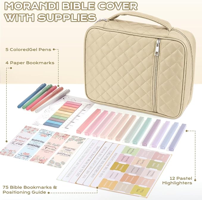 XKDOUS Quilted Bible Cover Case with Bible Study Accessories Kit, Waterproof Large Capacity Bible Bag for Women, Portable for Church Study, Multiple Morandi Color Options (Oat Beige)