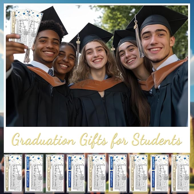 Affrolling 12 Sets Class of 2026 Graduation Gifts Bulk – Graduation Pens, Compass Bookmarks, Cards & Clear Gift Bags, Inspirational Party Favors for Students & Teachers(Blue,Gold)