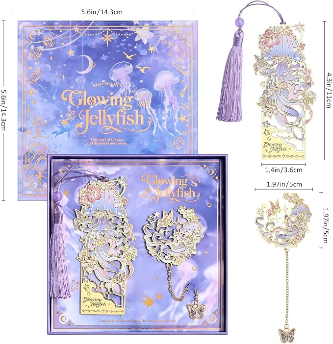 2 Pcs Metal Bookmark Gift Box, Golden Hollow Bookmarks Ocean Painting Theme Book Mark for Women, Book Lovers Writers Readers and Teens, Perfect for Birthday and Graduation Gifts(Purple)