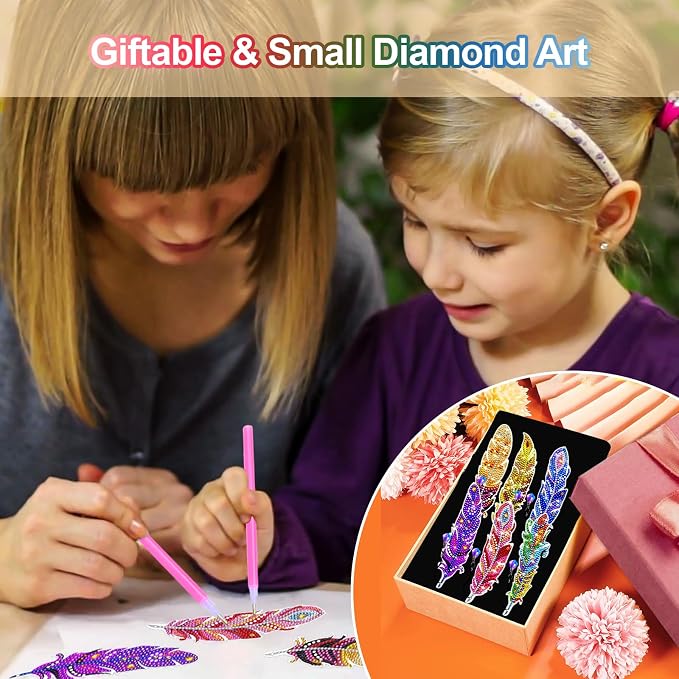 Diamond Art Bookmarks, 6 Pcs Cute Diamond Art Bookmarks for Book Lovers, DIY Feather Bookmark Diamond Art Kits for Kids