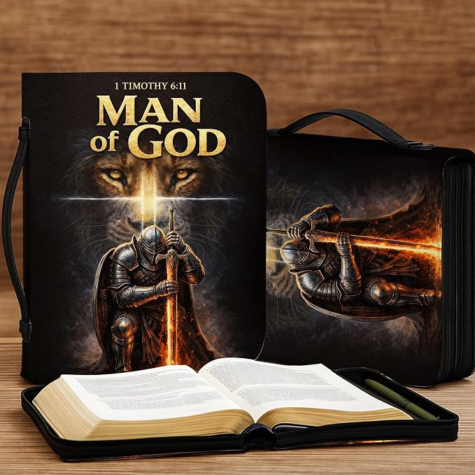 Personalized Man of God Bible Cover for Men, Christian PU Leather Bible Case with Handle Zipper, God Says I Am Warrior Scripture Bible Holder, Religious Gift for Men (Man of God)