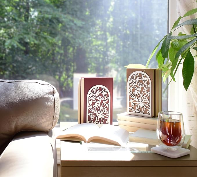 CNK Premium BookEnds - Metal Book Stoppers for Heavy Books, Home Office, Decorative Lily Flower White
