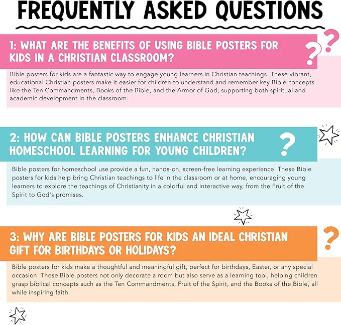 Hadley Designs Sunday School Decorations for Classroom –9 Bible Posters for Kids, Books of the Bible, 10 Commandments, Bible Timeline Chart, Fruits of the Spirit, Rainbow Christian Classroom Decor
