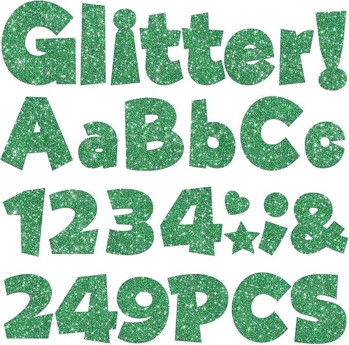 249 Pcs Glitter Bulletin Board Letters Numbers and Punctuation, 4 Inch Alphabet Poster Board Cardboard Letter Cutouts with Adhesive Dots for Classroom Bulletin Board School Decorations (Green)