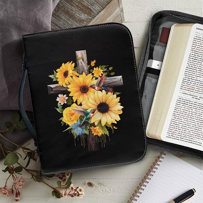 Bird Flower Cross Bible Covers for Women Bible Holder Case Large Size with Handle Waterproof Bible Protector PU Leather Bible Organizer Bag for Men