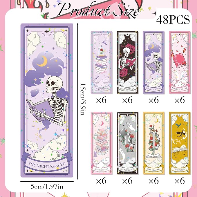Fantasy Bookmarks Bulk Gifts - 48 Pcs Dragon Dark Romance Paper Bookmark for Women Men Book Lovers Sword Skull Page Marks Merch School Reading Accessories Bookish Gift for Birthday Graduation