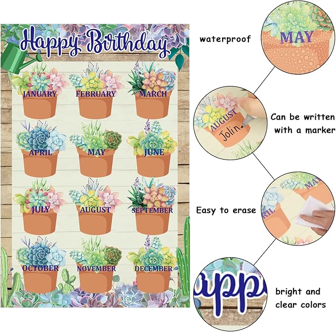 Happy Birthday Chart for Classroom, 2Pcs Birthday Poster Decoration 17’’ x 12’’ Birthday Succulents Calendar Cutouts for School Bulletin Board, Chalkboards, Wall Decor