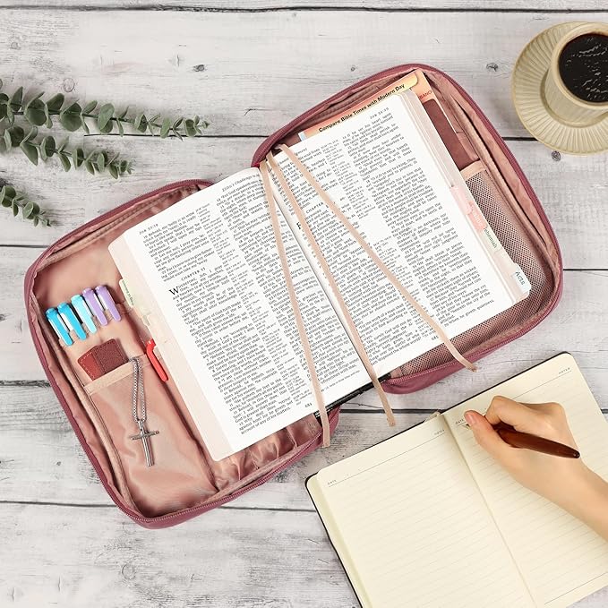 FINDCOZY Bible Cover for Women, Durable Carrying Book Case Church Bag for Biblical Accessories with Handle and Zippered Pocket, for Scriptures, Rosewood Pink