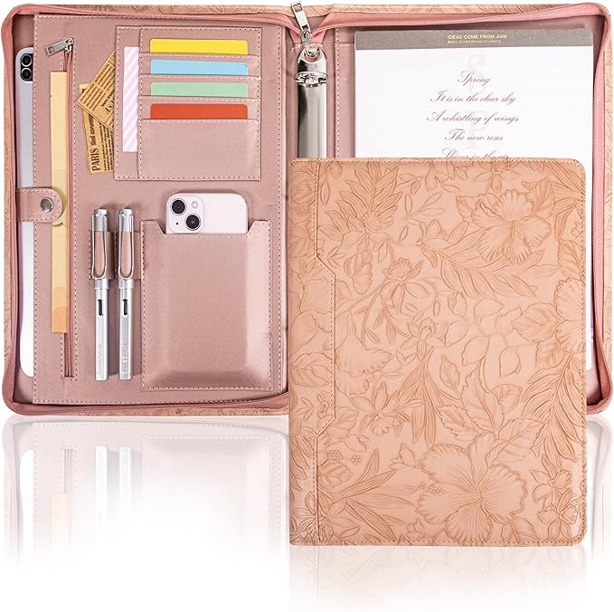 Calfinder Padfolio for Women,Embossed Leather 3 Ring Portfolio Binder,Business Portfolio Organizer with Tablet/Documents Holder,Leather Pink Padfolio Binder for Interview/Office,Valentine's Day Gift