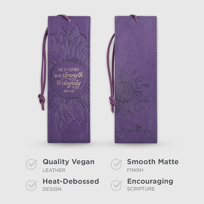 Christian Art Gifts Vegan Leather Scripture Bookmark for Women: Strength and Dignity - Proverbs 31:25 Inspirational Bible Verse Heat-Debossed, Faith-Based Reading Accessory w/Tassel, Purple Sunflower
