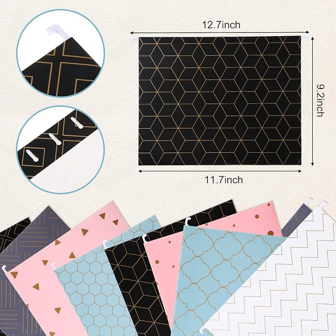 30 Pcs Geometric Hanging File Folders, Including Adjustable Tabs and Inserts, Letter Size Decorative Hanging File Cabinet Inserts Organizer for Desk Office, 5 Colors Gold Foil Designs