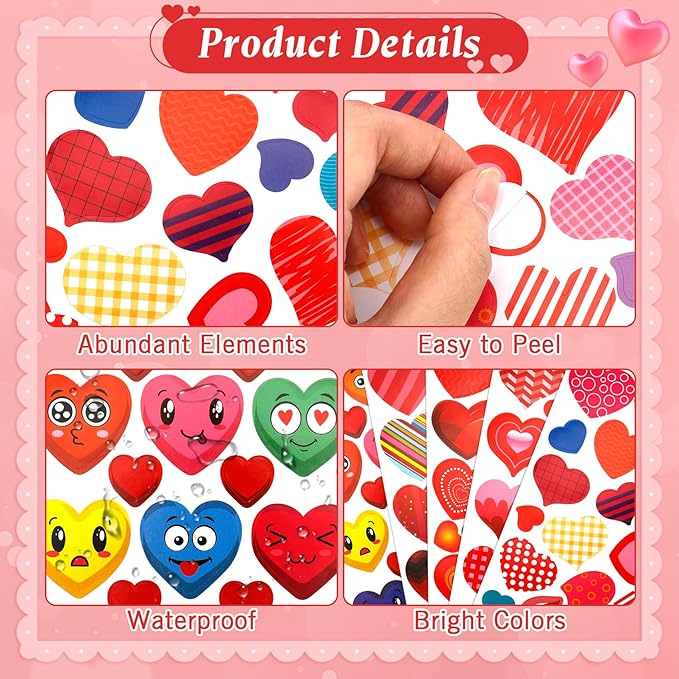 Valentines Stickers, Heart Stickers, 520 PCS Valentine Day Heart Stickers, Self-Adhesive Hearts Decorative Reward Sticker Decals for Valentine's Day Wedding School Craft Activity Party Favors Supplies