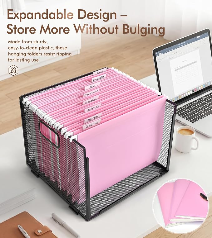 Plastic Hanging File Folders Letter Size, Colored Hanging File Folders with Tabs, Durable Waterproof Plastic Hanging Folders for Filing Cabinets, Office, School & Home Organization (15, Pink)