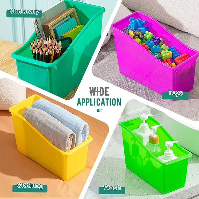 Geetery 12 Pcs Book Bin for Classroom with Labels Stackable Plastic Organizing Bins 11.5 x 5.4 x 7.5 in Book Holders Storage Bins Box Baskets for Classroom Library Home (Bright Color)